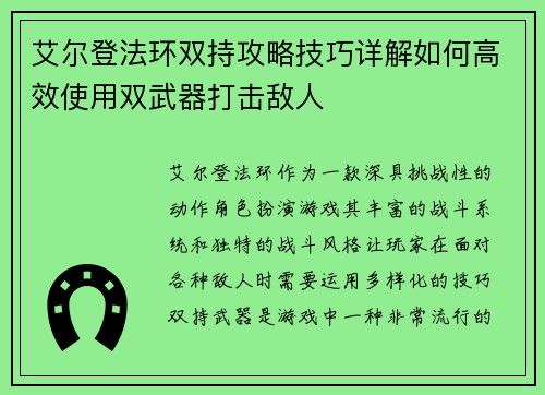 艾尔登法环双持攻略技巧详解如何高效使用双武器打击敌人