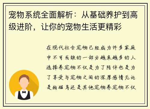 宠物系统全面解析：从基础养护到高级进阶，让你的宠物生活更精彩