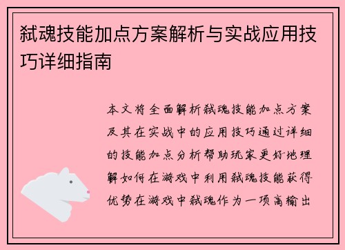 弑魂技能加点方案解析与实战应用技巧详细指南